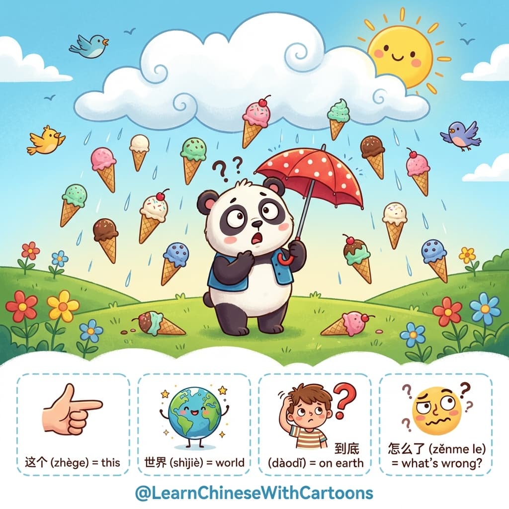 A surreal neon city with floating objects and a confused traveler.