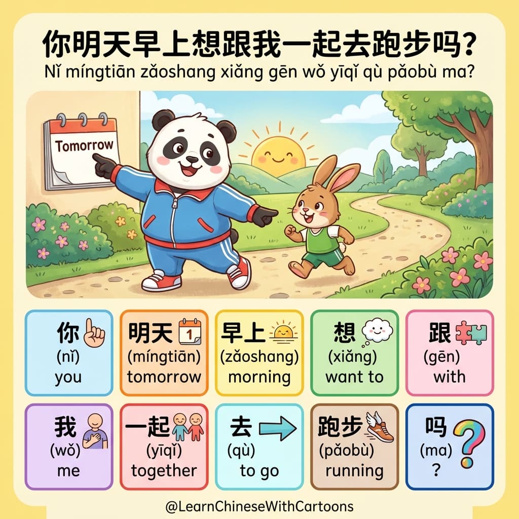 A cartoon illustration of a young man and a woman in athletic wear standing on a cobblestone street in an ancient Chinese town. The woman is smiling and pointing toward a misty mountain in the background, while the man looks inspired and ready to run.