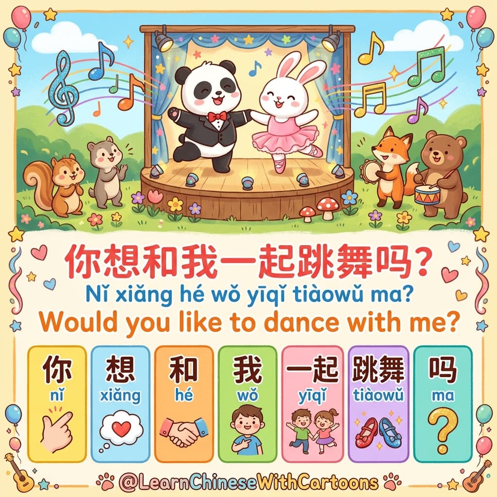 A romantic illustration of a couple dancing in a traditional Chinese village setting with lanterns.