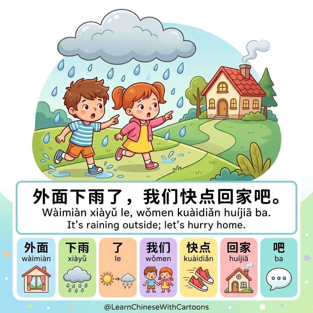 A cozy rainy scene in a Chinese city with a person holding an umbrella.