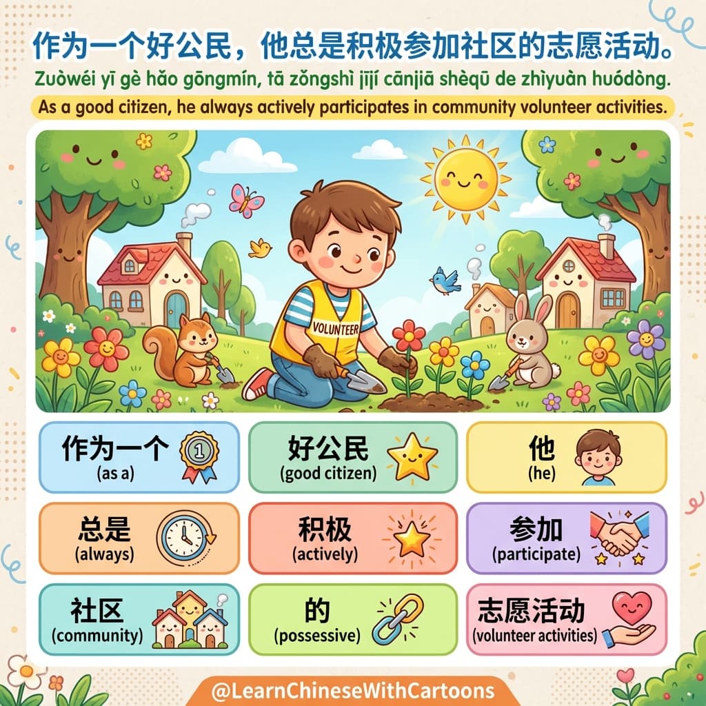 An illustration of a community volunteer helping out in a vibrant neighborhood.