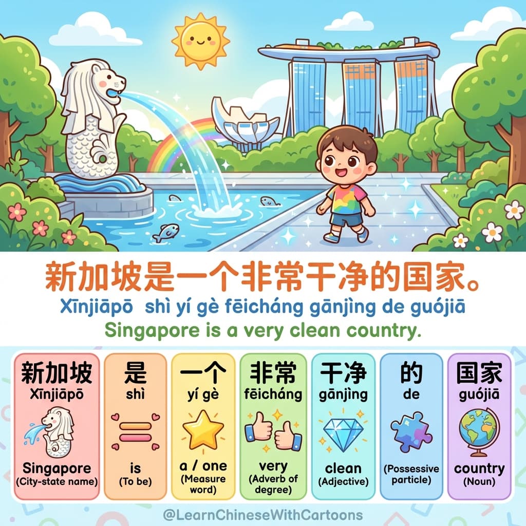 A cartoon illustration of a clean street in Singapore with lush green trees and a modern skyline.